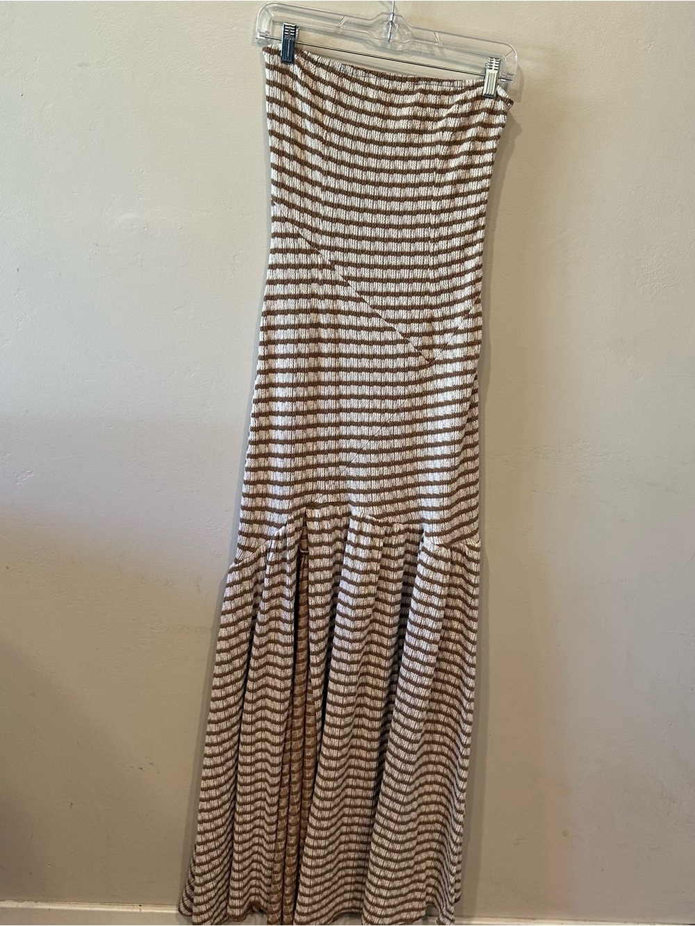 12th Tribe Brown/White Striped Smocked Sleeveless Dress Side Slit Women’s S